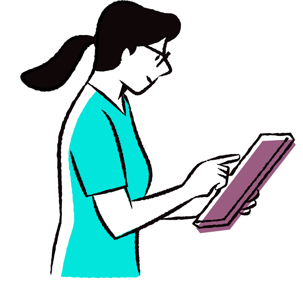 A woman with glasses and black hair in a teal dress taps on a tablet
