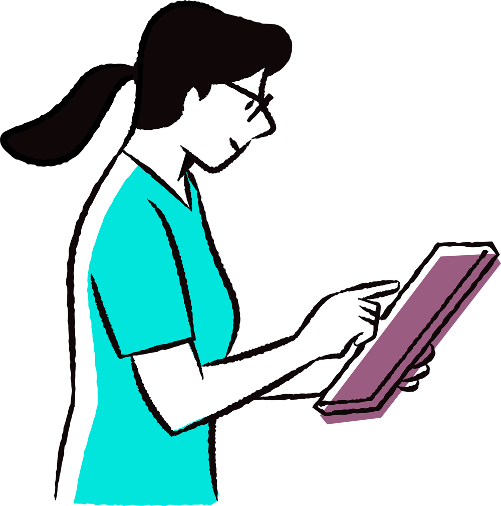 An illustration of a black-haired woman wearing glasses tapping on a tablet.